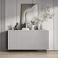 Modern Entryway Console Table Side Cabinet With Vertical Stripes Decorative Vase Green Plant And Mirror 3d model