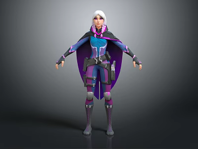 White Haired Female Character In Purple And Blue Armored Outfit With Cape 3d model