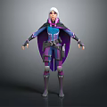 White Haired Female Character In Purple And Blue Armored Outfit With Cape