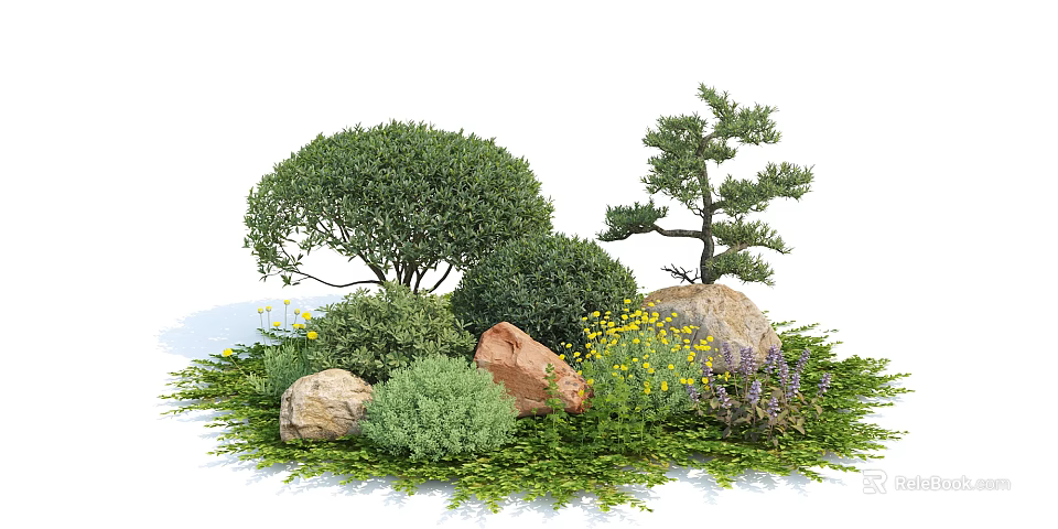 Various Types Of Shrubs In Garden Landscaping With Rocks Yellow Flowers And Green Grass 3d model 