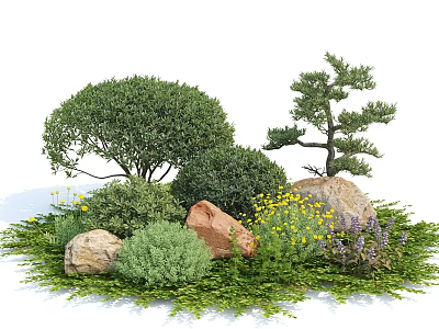 Various Types Of Shrubs In Garden Landscaping With Rocks Yellow Flowers And Green Grass 3d model