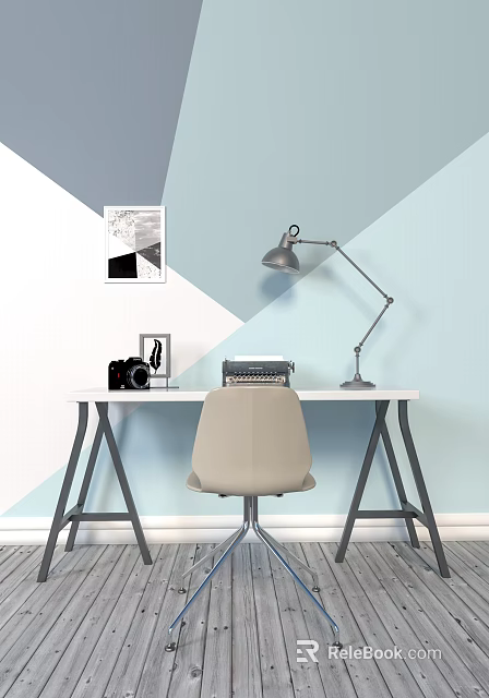 Modern Desk And Chair Set In Room With Geometric Wall Silver Lamp Typewriter And Camera 3d model 