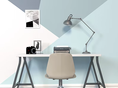 Modern Desk And Chair Set In Room With Geometric Wall Silver Lamp Typewriter And Camera 3d model