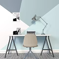 Modern Desk And Chair Set In Room With Geometric Wall Silver Lamp Typewriter And Camera