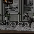 Cat Standing Among Pigeons In Indoor Scene With Rug Potted Plants Wall Paintings And Chandelier