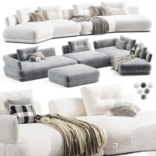 Elegant Modern Two Seater Sofa With Gray Ottoman White Pillows And Soft Blankets 3d model