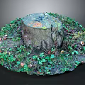 Natural Wooden Stump Surrounded By Green Vines Moss Mushrooms And Fallen Leaves
