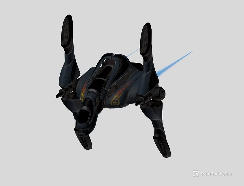 Black Fighter Jet With Four Leg Like Structures And Rear Blue Jet Effect In Flight 3d model 