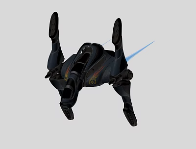Black Fighter Jet With Four Leg Like Structures And Rear Blue Jet Effect In Flight 3d model