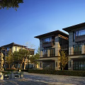Modern Detached Villa Exterior Design With Large Windows Glass Balcony Evening Lighting And Greenery