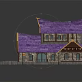 Cartoon Style Building With Purple Roof Yellow Eaves Wooden Structure Front Steps And Book Sign