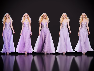 Five Blonde Women Standing in Purple Long Dresses Against Dark Background With Reflection 3d model
