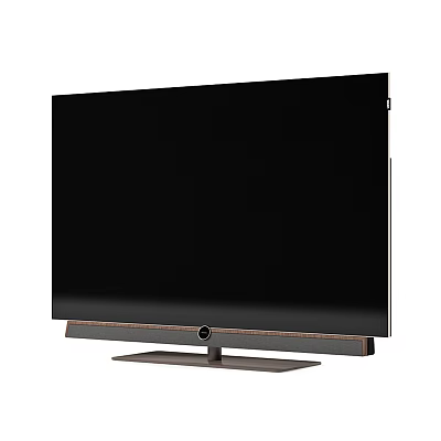 Modern Sleek Ultra Thin TV with Black Screen and Wooden Metal Stand 3d model