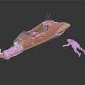 Orange Yellow Spaceship Sideways with Floating Astronaut in Cosmic Space Exploration