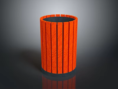 Modern Orange Cylindrical Trash Can Featuring Vertical Stripes And Black Base 3d model