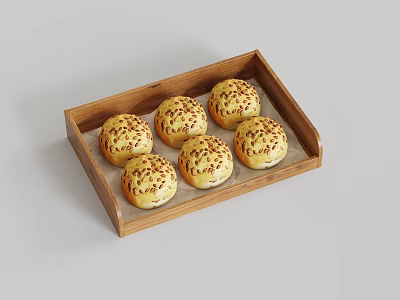 Six Freshly Baked Sesame Buns in a Wooden Tray with Golden Brown Crust 3d model