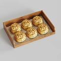 Six Freshly Baked Sesame Buns in a Wooden Tray with Golden Brown Crust