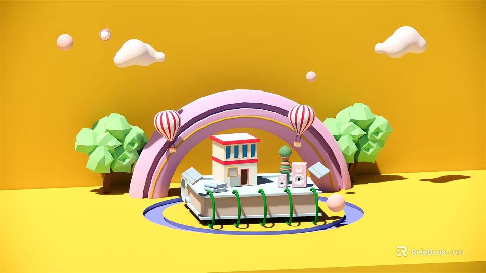 Cartoon Style Children Room Decor With Rainbow Hot Air Balloons Trees And Small House 3d model 