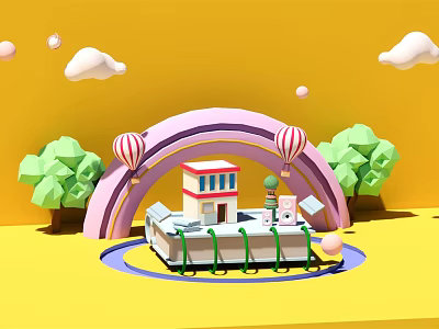 Cartoon Style Children Room Decor With Rainbow Hot Air Balloons Trees And Small House 3d model