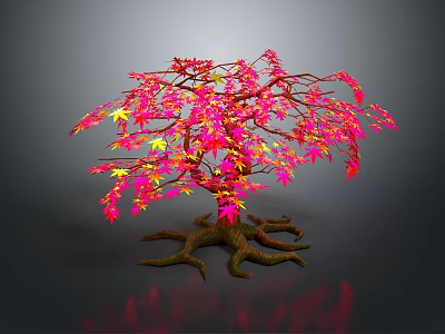 Cartoon Scenery Vibrant Tree with Red Pink Leaves and Exposed Roots on Reflective Surface 3d model