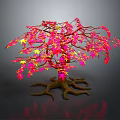 Cartoon Scenery Vibrant Tree with Red Pink Leaves and Exposed Roots on Reflective Surface