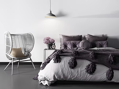 Double Bed with Purple Bedding Pom Pom Details Wicker Chair and Pendant Light 3d model