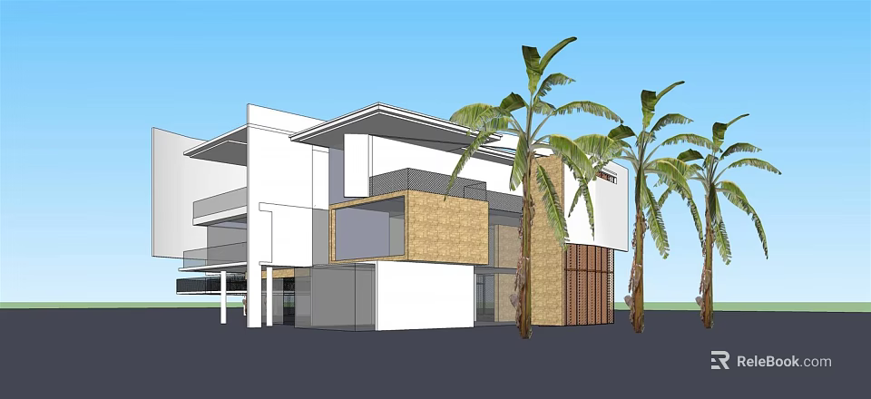 Modern Detached Villa Exterior With White Brown Facade And Palm Trees 3d model 