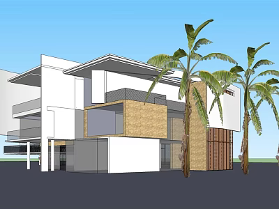 Modern Detached Villa Exterior With White Brown Facade And Palm Trees 3d model