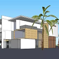 Modern Detached Villa Exterior With White Brown Facade And Palm Trees