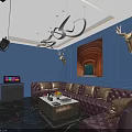 KTV Lounge With Dark Blue Walls Leather Sofas Deer Head Decor And TV Screen