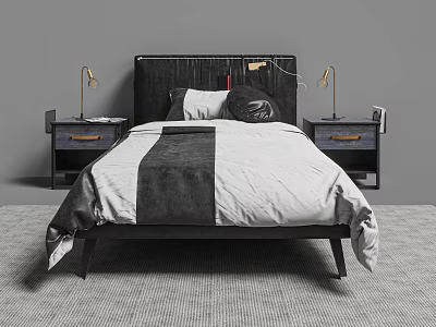 Modern Double Bed with Black Headboard Black White Striped Bedding and Nightstands with Table Lamps 3d model