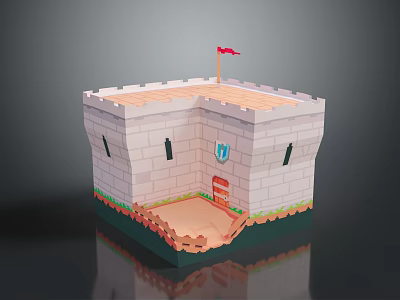 Crenellated Castle Architecture With Stone Walls Red Flag And Corner Tower Entrance 3d model