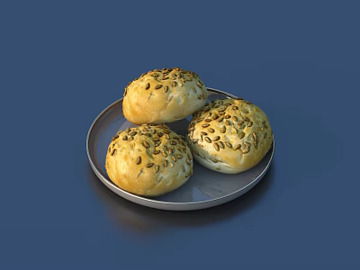 Three Seeded Bread Rolls on Silver Plate Against Dark Blue Background 3d model