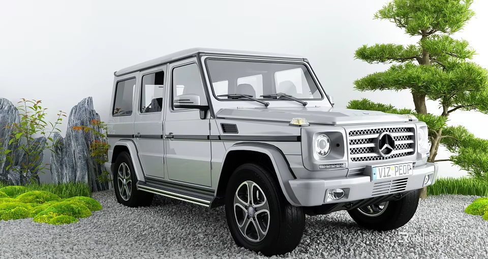 Silver Mercedes G Class SUV Parked Near Stone And Green Plants With Tree 3d model 