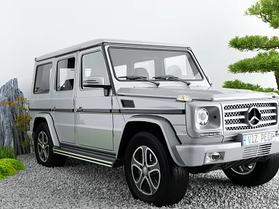 Silver Mercedes G Class SUV Parked Near Stone And Green Plants With Tree 3d model