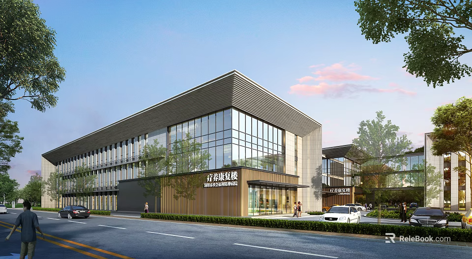 Zhigu Park Modern Building Exterior With Glass Curtain Wall Trees And Vehicles 3d model 