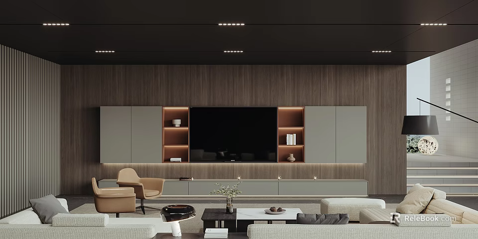 Modern Living Room Interior Design With Wooden Wall TV Unit Cabinets Sofa And Decor 3d model 