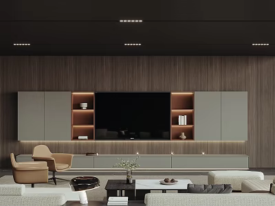 Modern Living Room Interior Design With Wooden Wall TV Unit Cabinets Sofa And Decor 3d model