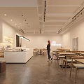 Bright Dessert Shop Interior With Wooden Tables Ceiling Lights Display Counter And Plant Decorations
