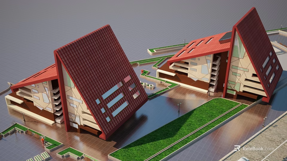 Modern Building Complex with Tilted Red Roofs Green Lawns Water Area and Geometric Design 3d model 