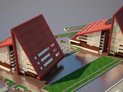 Modern Building Complex with Tilted Red Roofs Green Lawns Water Area and Geometric Design 3d model