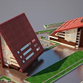 Modern Building Complex with Tilted Red Roofs Green Lawns Water Area and Geometric Design