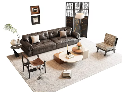 Elegant Leather Sofa and Coffee Table Set with Throw Pillows Floor Lamp and Wall Art 3d model