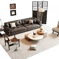 Elegant Leather Sofa and Coffee Table Set with Throw Pillows Floor Lamp and Wall Art 3d model