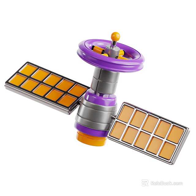 Colorful Space Satellite with Purple Disk Yellow Top and Solar Panels in Orbit Model Design 3d model 