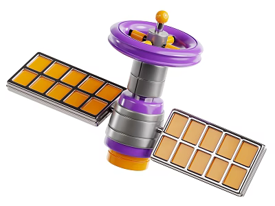 Colorful Space Satellite with Purple Disk Yellow Top and Solar Panels in Orbit Model Design 3d model