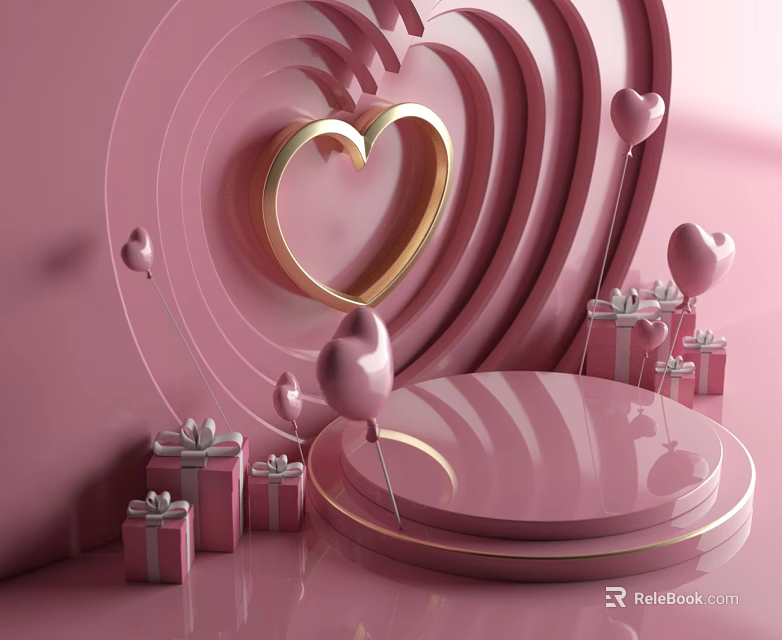 Romantic Pink Sofa and Coffee Table Set with Heart Decor Balloons and Gift Boxes 3d model