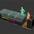 Modern Exhibition Stand With Two People Various Colored Panels Blue Top And Smooth Reflective Surface