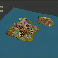 Miniature Island Scene Model With Circular Building Green Vegetation Blue Base And Small Brown Land