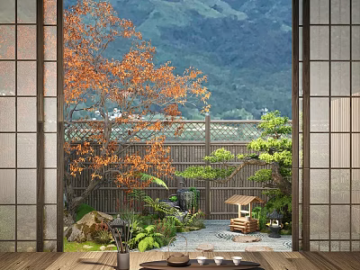 Rockery Stones In Japanese Garden With Wooden Sliding Doors Mountain View Orange Leaf Tree And Pine Bonsai 3d model